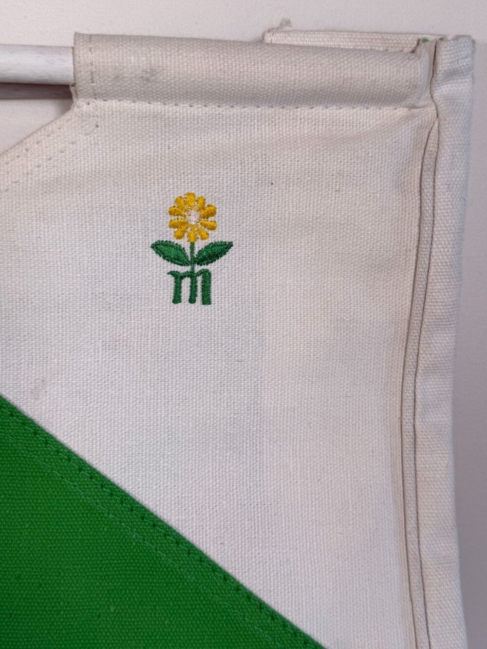 80s Wooden Handle Colorblock Canvas Tote Green White Bag Vintage - Picture 9 of 12